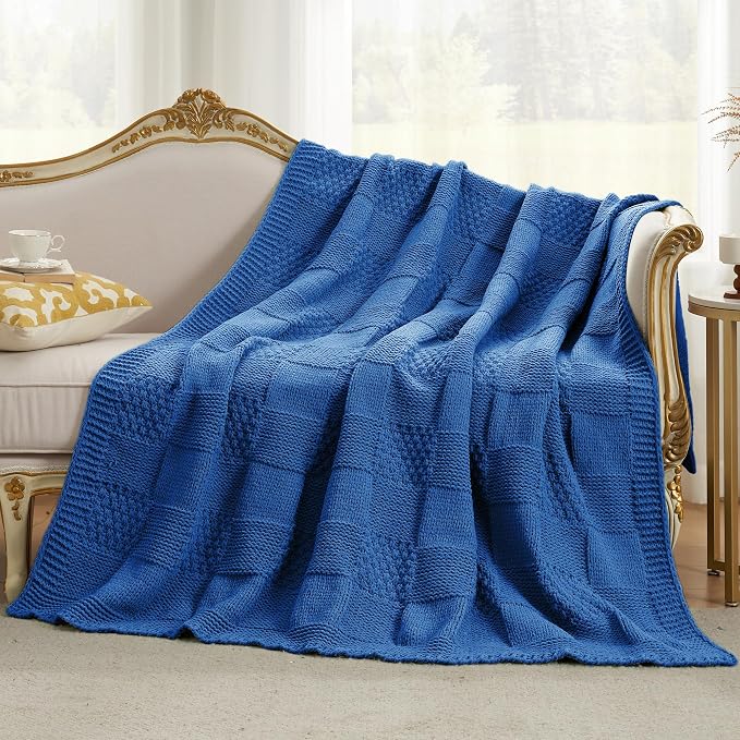 Knit Throw Blanket, Soft Chenille Cozy Breathable Checkered Chunky Decorative Blanket for Couch, Bed & Sofa, French-Inspired Lightweight Warm Gift for Women, Royal Blue, 50"x60"
