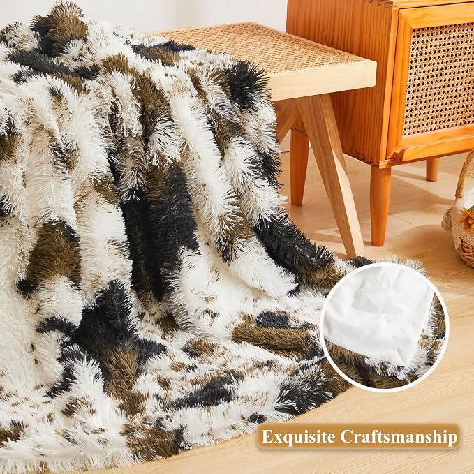 XeGe Luxury Faux Fur Throw Blanket, Soft Cow Print Big Fluffy Bed Blanket, Shaggy Plush Decorative Couch Blanket, Cute Furry Animal Print Fuzzy Blanket for Bedroom Living Room, Cow Brown, 60x80