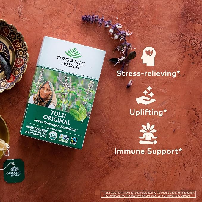 ORGANIC INDIA Tulsi Original Herbal Tea - Holy Basil and African Basil Calming and Stress Relief Tea, Immune Support, USDA Certified Organic, Non-GMO, Caffeine-Free - 18 Infusion Bags, 3 Pack