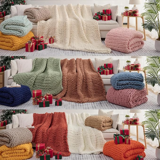 L'AGRATY Chunky Knit Throw Blanket for Couch, 50'' x 60'' Knit Throw, Ivory | Handmade Chenille Crochet Blanket for Sofa Bed, Thick Cable Knitted Blankets for Room Home Decor, Birthday Gift for Women Mom