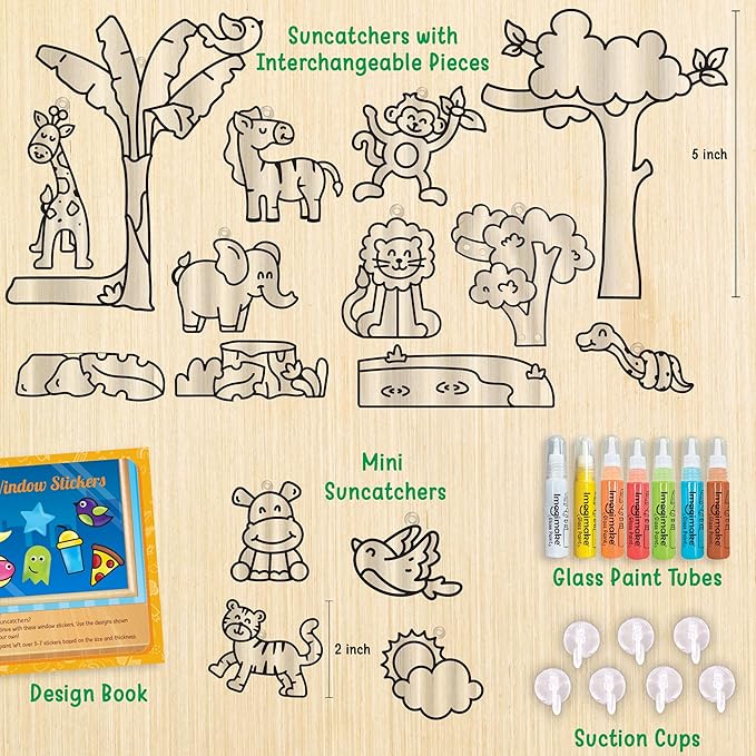 Imagimake Window Art Jungle Suncatcher Kit | Animal Toys | Girls Toys Age 6-8 | Arts and Crafts for Kids Ages 8-12 | Creative Fun Craft Kit for Ages 5-7-9 | Girls & Boys Christmas Gifts Age 8-10-12
