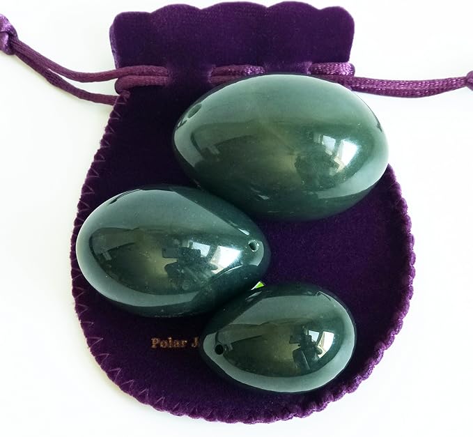 Natural Nephrite Jade 3-Piece Predrilled Egg Set – Large, Medium & Small with Instructions and 55 Yards of String, by Polar Jade