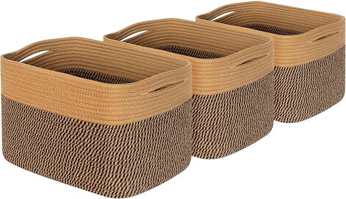 3-Pack Storage Baskets for Shelves, Decorative Baskets for Organizing, Woven Baskets for Storage, Book Basket Cube Storage Bin Box, Pantry Closet and Shoe Organizers, Black Jute