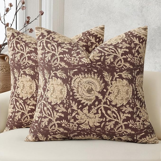 Vintage Floral Print Throw Pillow Covers 22x22 Set of 2 Neutral Modern Farmhouse Accent Decorative Cushion Covers Boho Home Decor for Couch Sofa Chair Bed Living Room, Oxblood