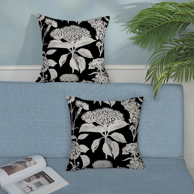 Floral Pillow Covers 18x18 Set of 2 Black Beige Hydrangea Herbs Botanical Throw Pillow Cover Outdoor Decor Vintage Boho Flower Pillowcase Farmhouse Decorative Linen Cushion Case for Home Couch
