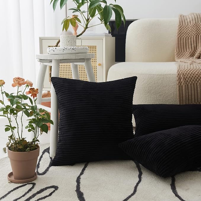 Home Brilliant Black Pillow Cover 18x18 Striped Corduroy Velvet Square Cushion Cover for Couch Super Soft Throw Pillow for Living Room Sofa Bench, Black, 18 inch, 45 x 45 cm
