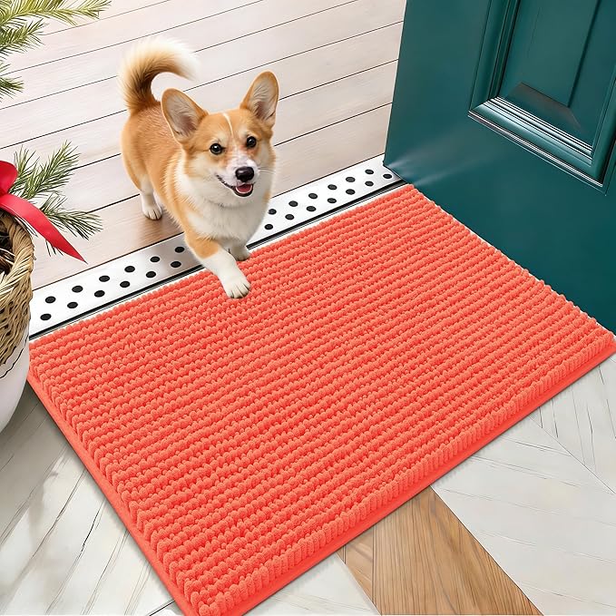 OLANLY Dog Door Mat for Muddy Paws 24x16, Extra Absorbent Chenille Mud Mat | Coral, Absorbs Moisture and Dirt, Non-Slip Machine Washable Doormat, Quick-Drying Indoor Entryway Floor Mat for Dogs