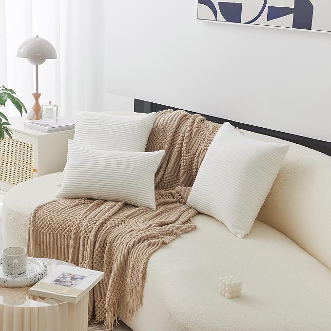 Home Brilliant Summer Decor Striped Corduroy Pillow Cover Velvet Cushion Cover for Couch Sofa Supersoft Decorative Pillowcase, Creamy White, 18x18 Inches(45cm)