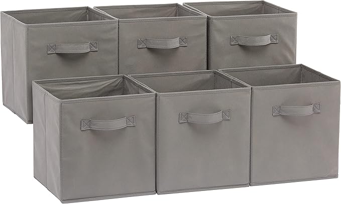 Amazon Basics Collapsible Fabric Storage Cubes Organizer with Handles, Sturdy, Foldable, Space-Saving, 10.5"x10.5"x11", Gray, 6-Pack