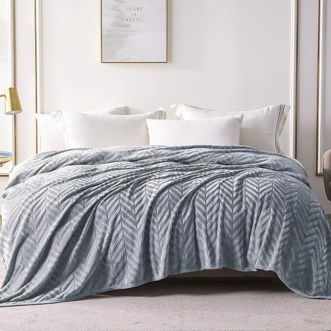 Whale Flotilla Flannel Fleece Fall Bed Blanket Twin Size, Silver Grey | Lightweight Breathable Soft Bedspread, Plush Fluffy Coverlet Chevron Design Decorative Blanket for Home Life, 60x80 Inch