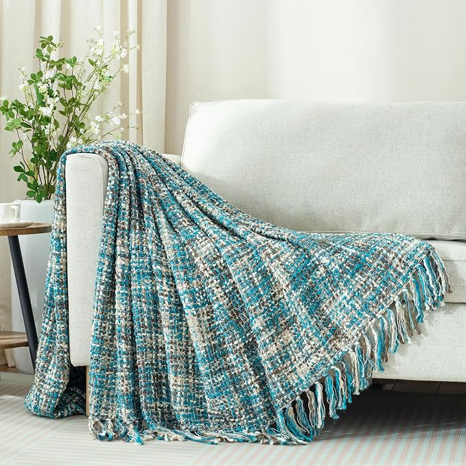 Multi-Color Cable Woven Throw Blanket for Couch - 60"X80" | Multicolored Boho Style,Super Soft Warm Cozy Chunky Blankets with Decorative Tassels for Bed and Sofa,Teal