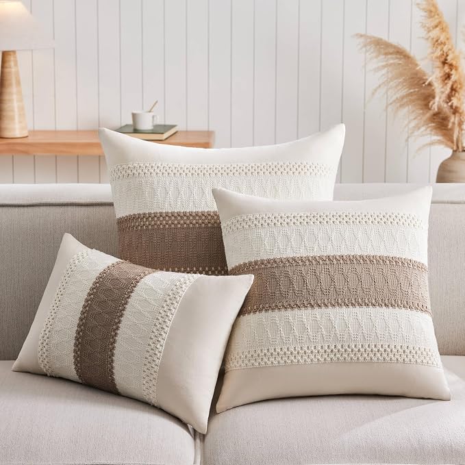 2 Pack Boho Throw Pillow Covers, Contrast Cocoa Brown 16x16in | Soft Breathable Cotton, Farmhouse Decorative Couch Pillow Cases, Cushion Covers for Sofa Bed Living Room Home Decor