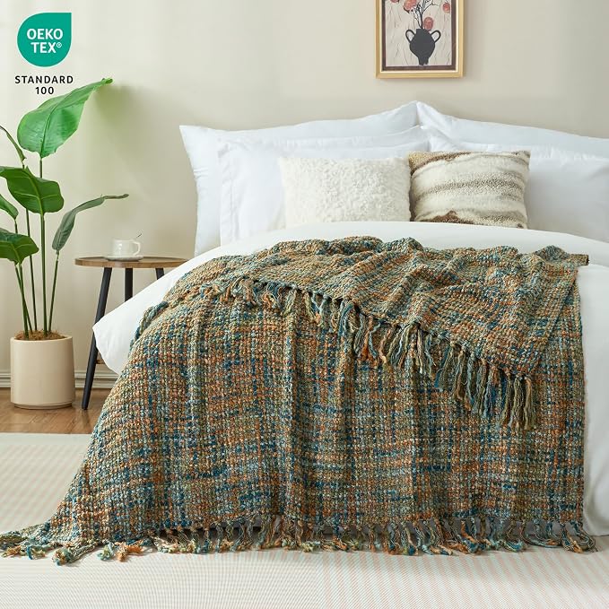 Multi-Color Cable Woven Throw Blanket for Couch - 60"X80" | Multicolored Boho Style,Super Soft Warm Cozy Chunky Blankets with Decorative Tassels for Bed and Sofa,Gold Green