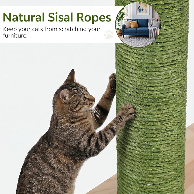 Wood Cat Tower for Self-Cleaning Litter Box, with Faux Plant, 58In | Multi-Level Cat Tree for Adult Large Cats, with Cozy Plush Bed, House, Scratching Posts, Cat Furniture for Indoor Cats, Green