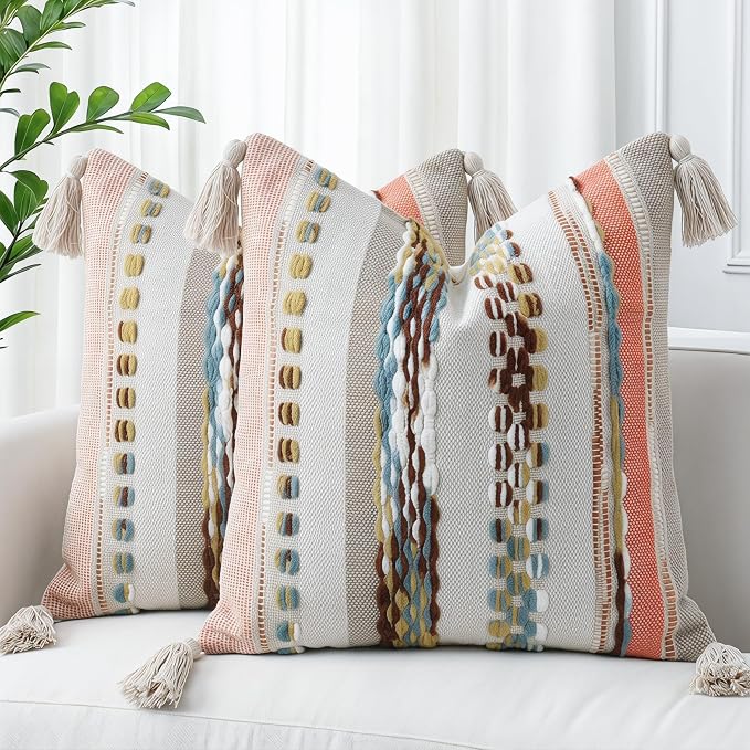PANOD Chenille Farmhouse Throw Pillow Covers 16 x 16 Red Brown, Neutral Boucle Couch Pillow Cover, Striped Decorative Boho Coushion Cover Pillow Case for Couch Bed Sofa Bedroom,Modern Accent,Set of 2