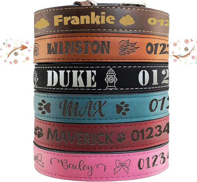 Personalized Leather Dog Collar | 3 Adjustable Sizes - 9 Icons with Your Pet's Name | Medium - Chestnut | - Safe&Secure Pet Collars with ID, Custom Text for Dogs and Puppy - Small Medium Large Puppies