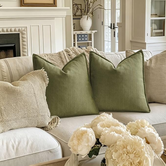 Olive Green Pillow Covers 26x26 Set of 2 Chenille Throw Pillow Covers with Elegant Design Soft and Luxurious Decorative Throw Pillows for Couch, Bed, and Home Decor
