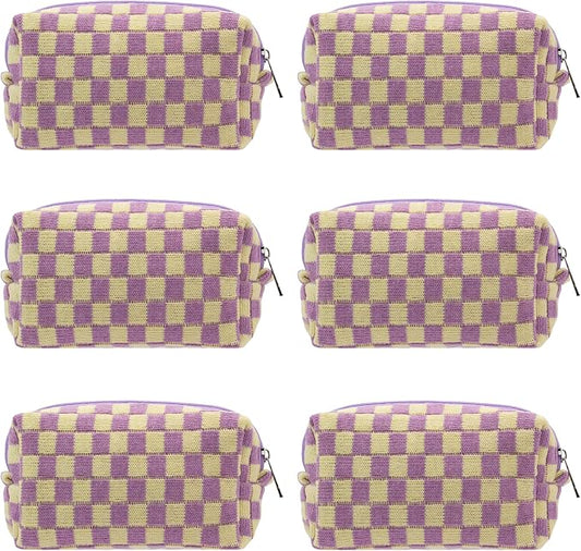 PAZIMIIK Checkered Makeup Bag for Purse Portable Zipper Make Up Pouch Small Cosmetic Case for Travel Accessories (6PCS Purple)