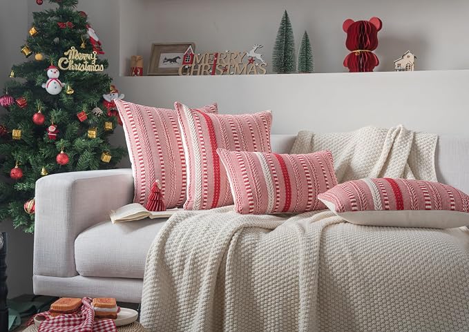 Cethom Christmas Pillow Covers 12x20 Inch Set of 2, Farmhouse Boho Christmas Decorative Couch Pillow Cases, Red Accent Pillows of Bed, Sofa Bedroom Living Room Home Decor Cushion Cover