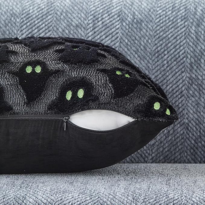 DFXSZ Halloween Pillow Covers 12x20 inch 2Pcs Black Ghost Halloween Decor | Halloween Decorations Set of 2 Throw Pillow Cases Plush Faux Fur Wool Cushion for Chair Sofa Bedroom Living Room Home Decor
