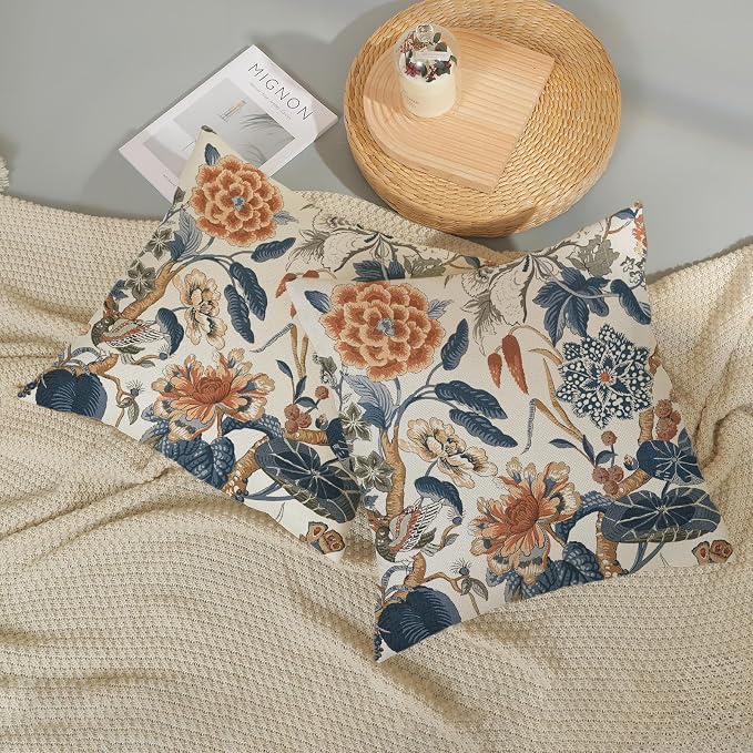 Navy Blue Orange Pillow Covers 18x18 Inch Set of 2 Vintage Blue Floral Throw Pillows Chinoiserie Flower Decorative Pillow Case Outdoor Linen Farmhouse Cushion Cover for Couch Sofa Decorations