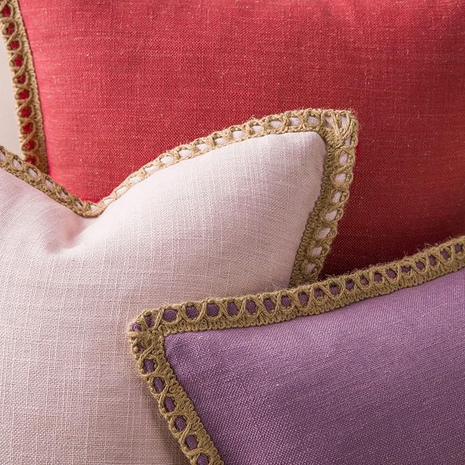 Phantoscope Pack of 2 Farmhouse Decorative Throw Pillow Covers Burlap Linen Trimmed Tailored Edges Light Pink 22 x 22 inches, 55 x 55 cm