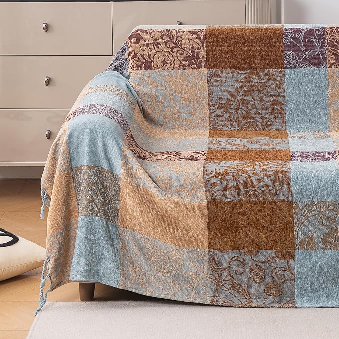 Boho Chenille Throw Blanket, Bohemian Jacquard Tassels Cover for Couch Bed, Decorative Sofa Slipcover Protector - Colorful Tribal Pattern (Vintage, 86 * 102 in)