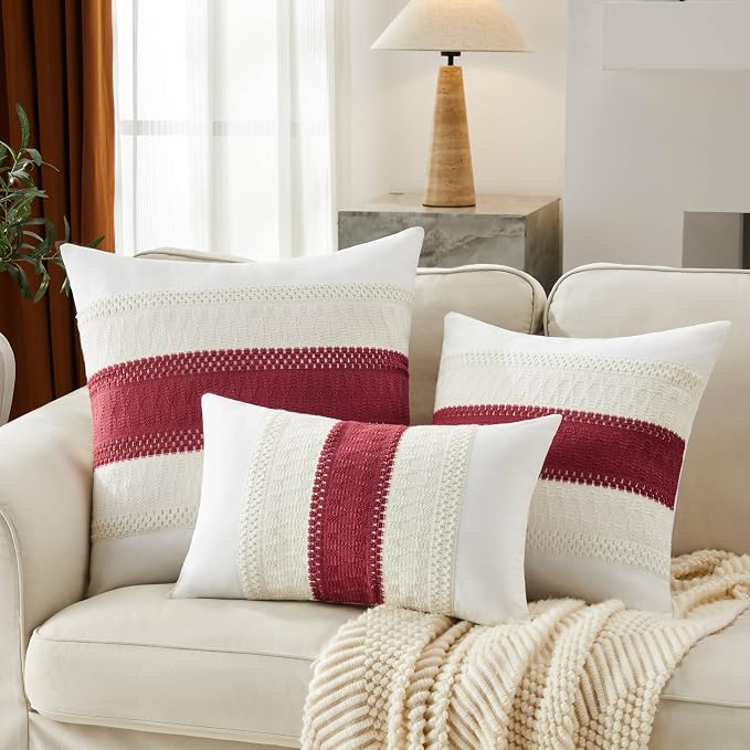 2pk Boho Pillow Covers 18x18, Natural White/Contrast/Red | 100% Organic Cotton Body, Stripe Embroidery, Farmhouse Decorative Cushion Covers for Sofa Bed Living Room Home Decor