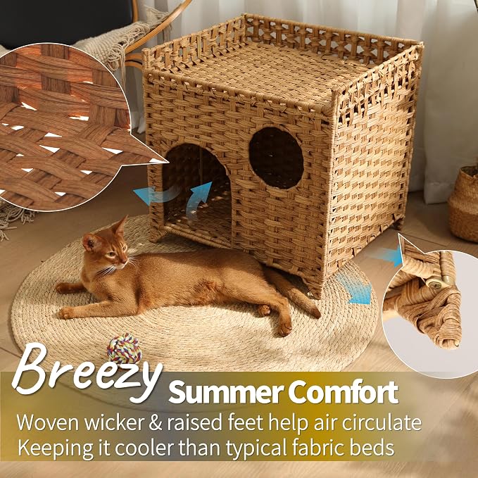 Handwoven Wicker Cat House with Peekaboo Window, for 1-2 Cats Under 20 lb | Woven wicker and raised base for airflow, cool for summer use. Natural furniture look. Rinse clean. Pop open and no assembly.