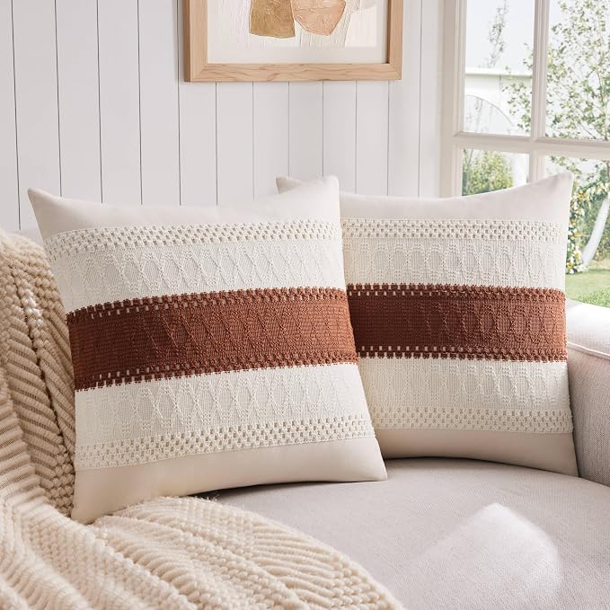 2 Pack Boho Throw Pillow Covers, Contrast Terracota 18x18in | Soft Breathable Cotton, Farmhouse Decorative Couch Pillow Cases, Cushion Covers for Sofa Bed Living Room Home Decor