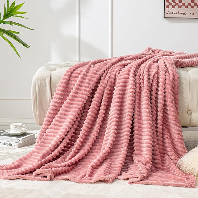 BEDELITE 3D Ribbed Jacquard Pink Fleece Twin Blanket for Bed, 60x80 Inch | Soft Warm Decorative Fluffy Blanket, Cozy Plush Lightweight Fuzzy Throw Blanket for Couch Sofa Room Decor, Gift for Women
