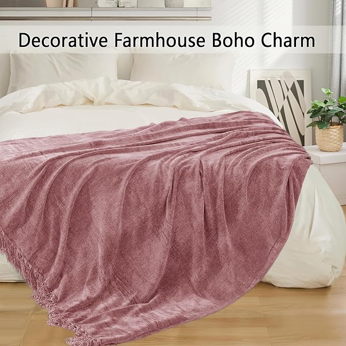 Chenille Throw Blanket for Couch 60" x 80", Twin Mauve | Soft Cozy Warm Throws with Fringe Tassel, for Living Room Bed Sofa Chair Cover, Lightweight Knitted Decorative Boho Blankets