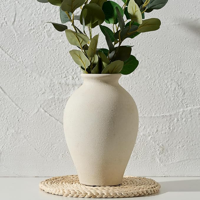 SIDUCAL Ceramic Vintage Flower Vase | 9 Inch Large Pottery Rustic Farmhouse Boho Vase for Home Decor, Table, Living Room, Bathroom, Coffee Desk, Shelf, Mantel Decoration, Wedding, White