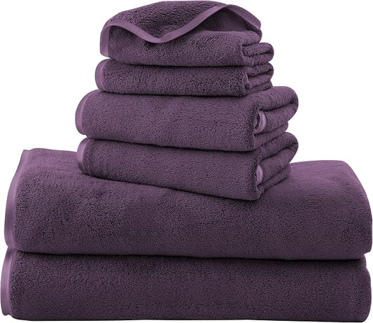 TENSTARS Luxury Silk Hemming Towel Set - Light Thin Quick Drying - 2 Bath Towels 2 Hand Towels 2 Washcloths - Ultra Soft Microfiber Towel for Bath Fitness, Sports, Yoga, Travel (Grape Purple 6 Pieces)