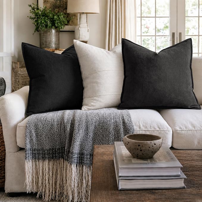 Black12x20 Pillow Covers Set of 2 Chenille Throw Pillow Covers with Elegant Design Soft and Luxurious Decorative Throw Pillows for Couch, Bed, and Home Decor