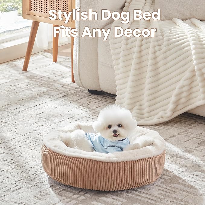 23 inches Calming Donut Dog Bed for Small Dogs,Brown | Round Puppy Pet Bed with Removable&Washable Cover,Plush Faux Fur & Corduroy, Fits Pets up to 15 lbs