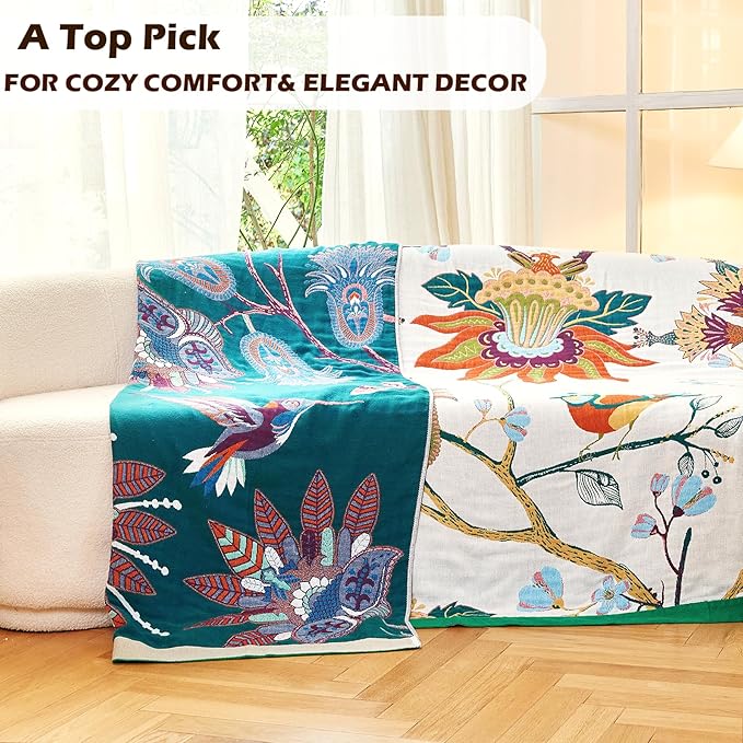 VANJOROY Boho Throw Blanket, 100% Organic Cotton Breathable Skin-Friendly Ultra Soft Bed Quilt Throw - All Season Floral Bird Farmhouse Décor Luxury Blanket for Sofa Couch Chair and Gift. 60" x 80"