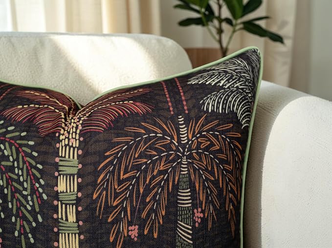 Tropical Palm Print 20x20 Throw Pillow Cover, Charcoal | Folk-art tropical palm trees on charcoal slub, green piping; both sides printed; hidden; cover only
