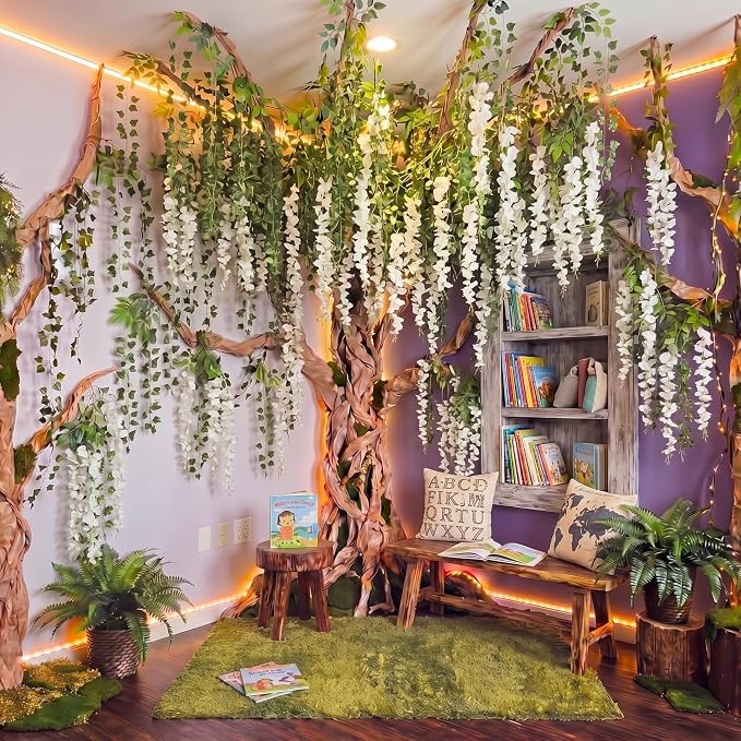 Enchanted Fairy Classroom Set, Artificial White Wisteria Vines | Hanging Flowers with Greenery for Ceiling Decor, Indoor Outdoor Party Fairy Decorations, Easy DIY for Bedroom Garden
