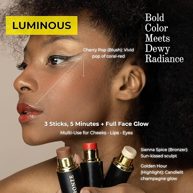 Cream Contour Stick Set – Blush, Bronzer & Highlighter Trio | Hydrating, Buildable, High-Pigment Makeup with Shea Butter & Vitamin E | Phoenix Beauty Gift Set (Luminous)