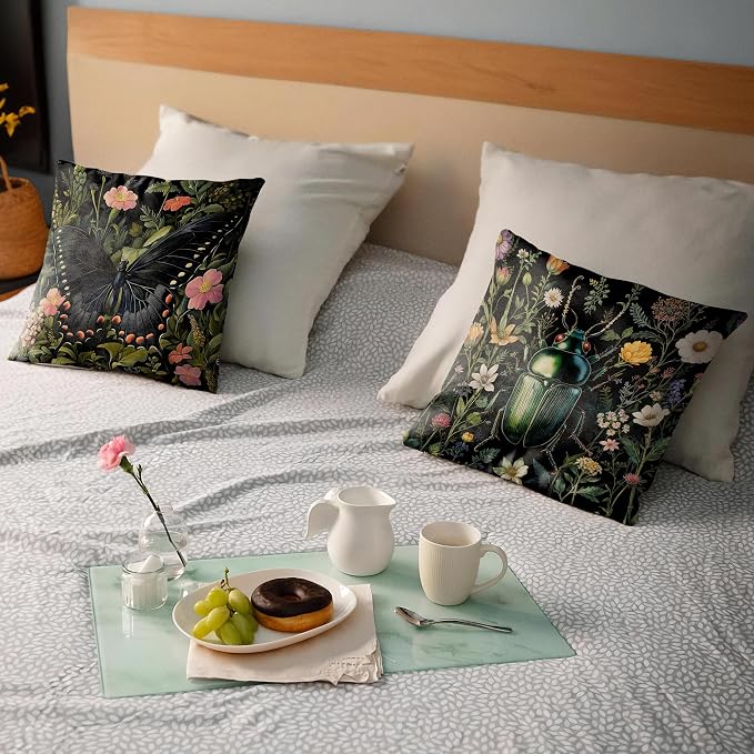 William Morris Inspired Butterfly and Beetle Pillow Covers 18x18 Set of 2, Dark Cottagecore Wildflower Botanical Insect Moth Decorative Throw Pillow Covers for Home Bedroom Living Room