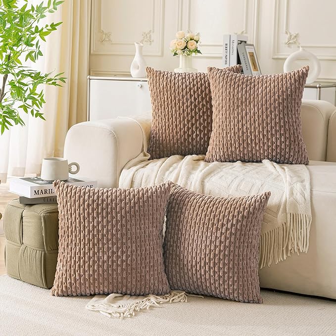 Set of 4 Light Brown Decorative Throw Pillow Covers 20x20 Inch Corduroy Pillow Covers for Bed Couch Sofa Living Room Soft Square Cushion Cases