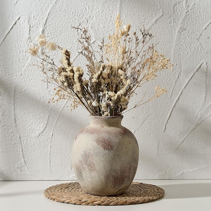 SIDUCAL Ceramic Decorative Flower Vase | 7.48 Inch Pottery Rustic Farmhouse Boho Vase for Home Decor, Table, Living Room, Bathroom, Coffee Desk, Shelf, Mantel Decoration, Wedding, Terra