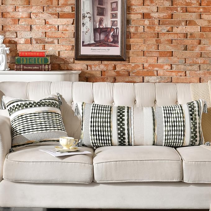 Chenille Striped Textured Boho Throw Pillow Covers Aesthetic with Tassels Woven Decorative Pillow Case for Couch Bed Sofa Bedroom Modern Funky 14 x 36-Inch Sage Green