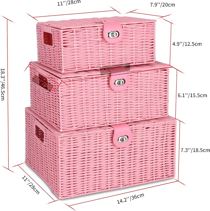 Honygebia Pink Wicker Storage Baskets - Set of 3 Decorative Nesting Boxes with Lids, Woven Basket with Lock & Handle, Organizer for Beauty Makeup Bathroom Decor