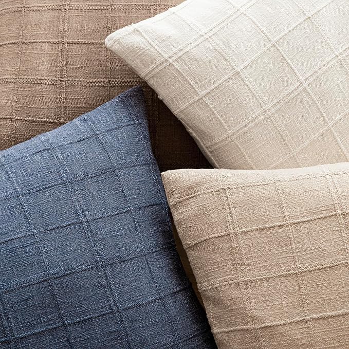 Foindtower Set of 2 Decorative Linen Check Throw Pillow Covers Neutral Long Body Lumbar Cushion Covers Farmhouse Vintage Home Decor for Sofa Chair Couch Bedroom Living Room,14×36 Inch,Blue