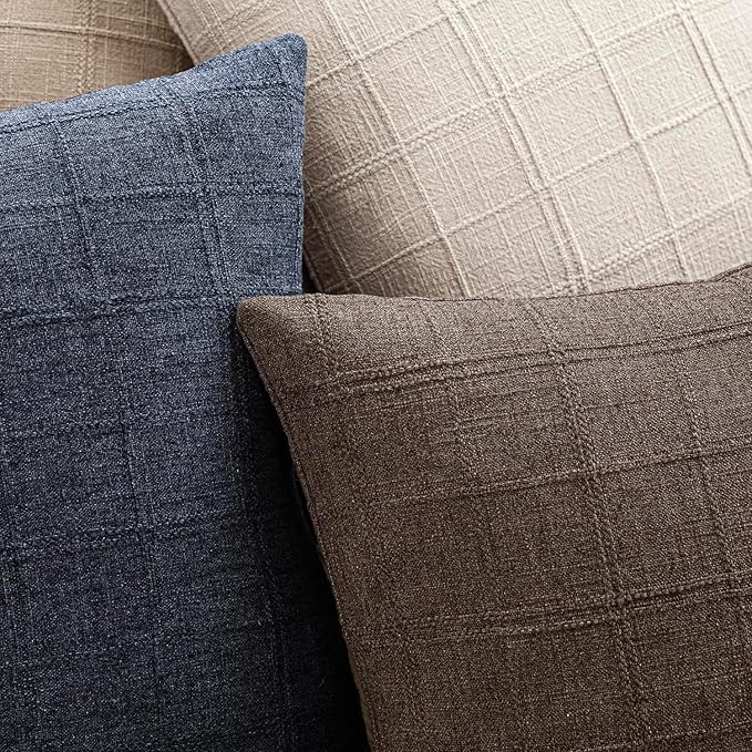 Foindtower Set of 2 Decorative Linen Check Throw Pillow Covers Neutral Farmhouse Vintage Cushion Covers Modern Boho Home Decor for Sofa Chair Couch Bedroom Living Room,20×20 Inch,Dark Brown