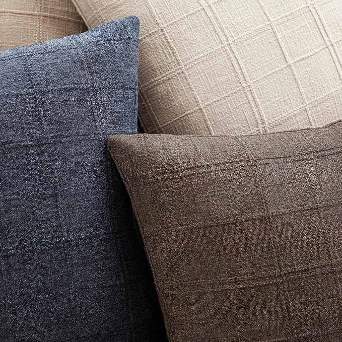 Foindtower Set of 2 Decorative Linen Check Throw Pillow Covers Neutral Farmhouse Vintage Cushion Covers Modern Boho Home Decor for Sofa Chair Couch Bedroom Living Room,22×22 Inch,Dark Brown