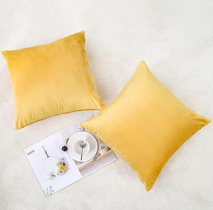 NiNi ALL Yellow Velvet Throw Pillow Covers 20x20 Pack of 2 Decorative Couch | Soft Solid Cushion Squar Pillow Cases for Chair Sofa Bedroom Farmhouse Living room Modern Luxury Home Decor Fall Halloween