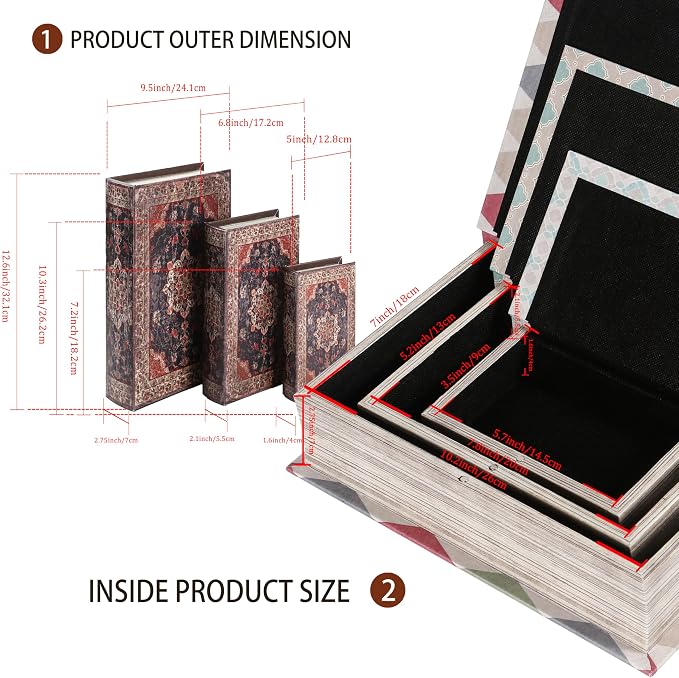 Wooden Book Box Set of 3 with Magnetic Closure and Vintage Persian Rug Pattern Leather Cover Design, Non-Woven Fabric Interior, Decorative Secret Storage for Bookshelves and Home Office